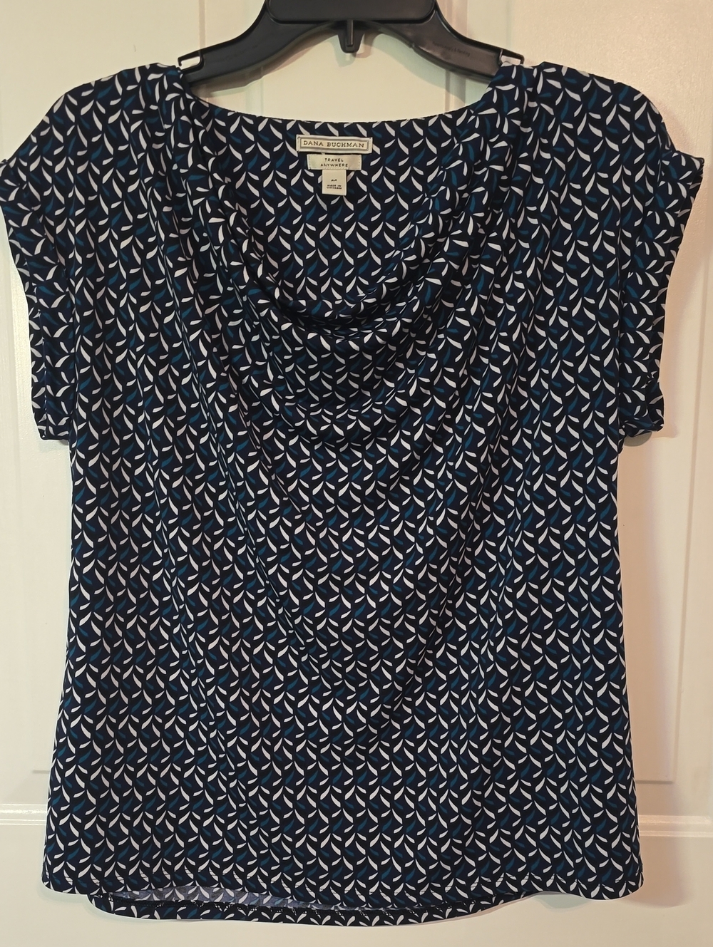 Dana Buchman Navy and White Geometric Cowl-Neck Short Sleeve Top